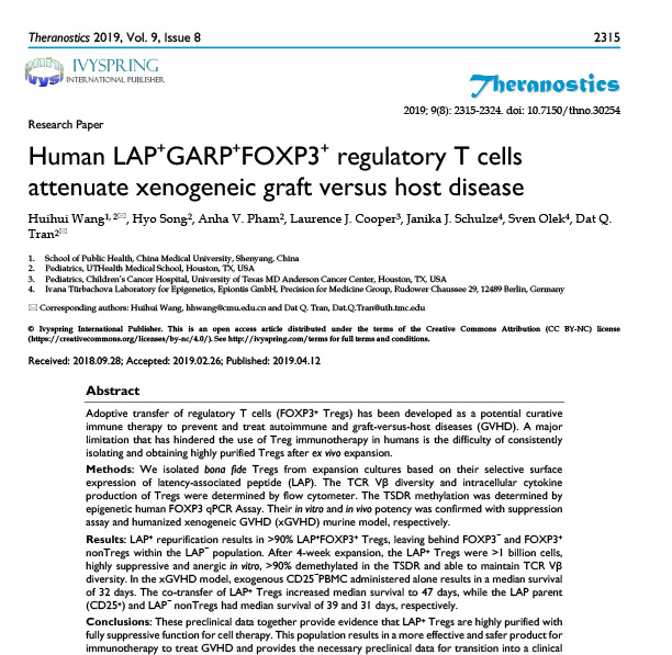 Human LAP+ GARP+ FOXP3+ regulatory T cells attenuate xenogeneic graft versus host disease
